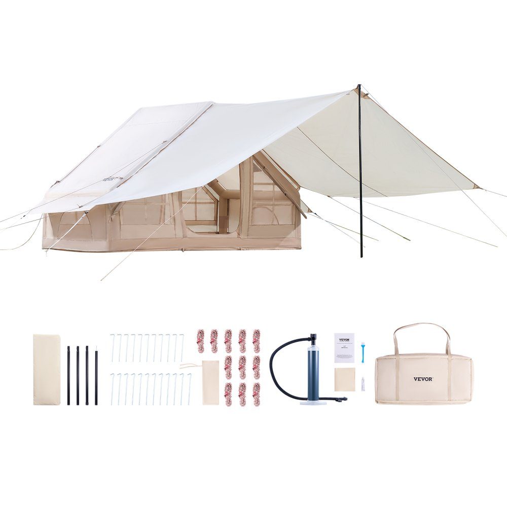 Aufblasbare Zelte für Camping, 3 x 2 x 2 m, 3–5 Personen, 300D Oxford, 4-Jahreszeiten-Glamping-Zelt mit Vordach, Handpumpe, Herdanschluss, 2 Türen und 2 Netzfenstern (Aufbewahrungstasche im Lieferumfang enthalten)