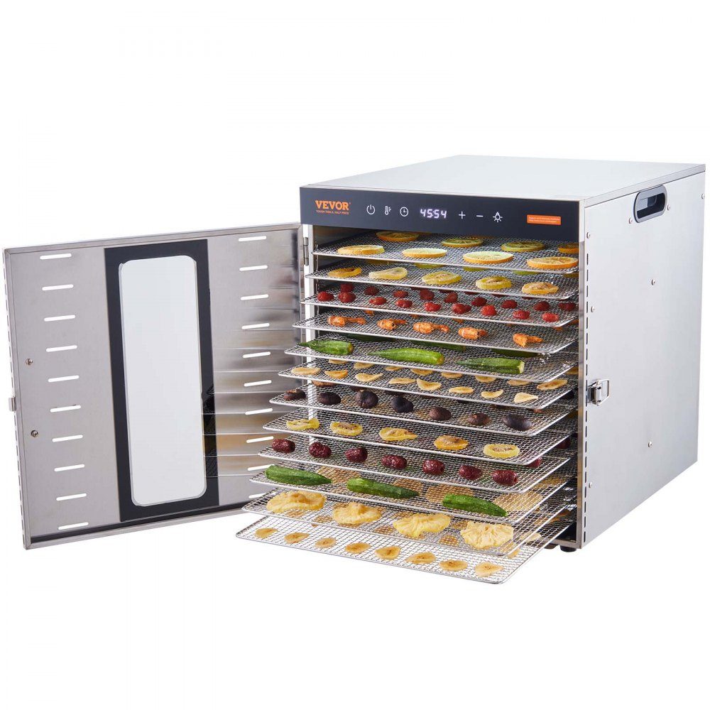 1000 W droogoven RVS, 377 x 285 mm 10 stuks. Bakken 360° droog, dehydrator, temperatuurregeling, timer van 0,5 tot 48 uur, bescherming tegen oververhitting, receptenboek voor vlees, fruit, groenten – Artikelnr. HT-23663