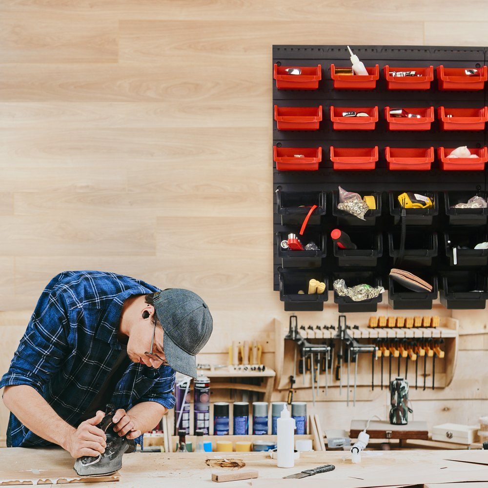 Stacking Boxes, 48 ​​Container Parts Shelf Organizer for Garage, Plastic Shop Tool with Wall Panels, Tool Organizer for Nuts, Bolts, Screws, Nails, Beads, Buttons, Black and Red