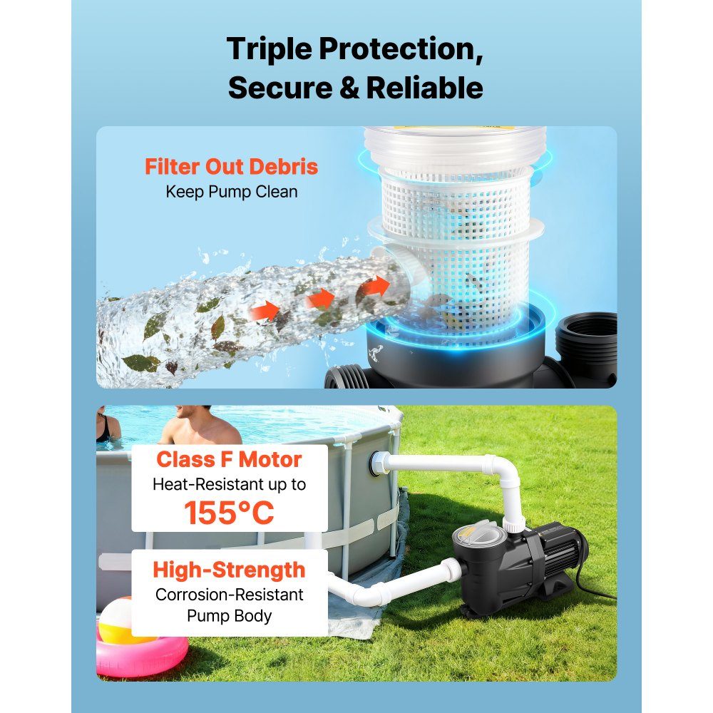 Pompe de piscine, 1300 W, débit maximum de 28 800 L/H, pompe de piscine à un étage, 2850 tr/min, tête maximale de 17 m, avec 24-Stunden-Timer et panier filtrant, pour piscines hors sol et enterrées, spas