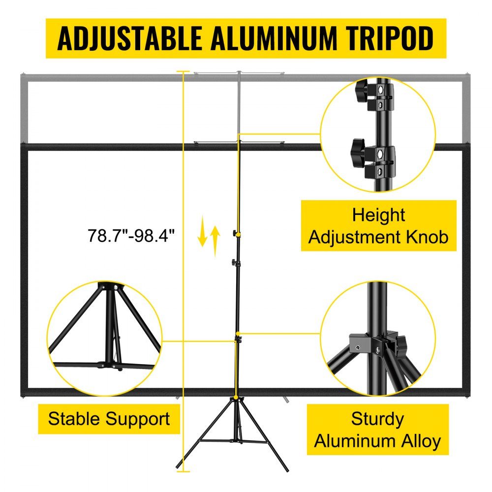 16:9 Projector Screen, 4K HD Tripod Screen, Projection Screen 200x113cm, Presentation Wall, 160 Degree Viewing Angle, Screen 200-250cm Height Adjustable, Ideal for Home Theater, Meeting Rooms, Weddings