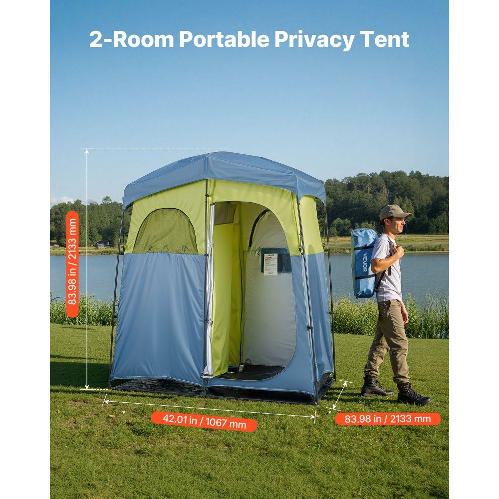 Shower tent with 2 rooms, toilet tent (2133x1067x2133 mm) with shower bag, changing tent including pegs & ropes & carry bag & support poles, made of 150D Oxford fabric for camping, beach, fishing