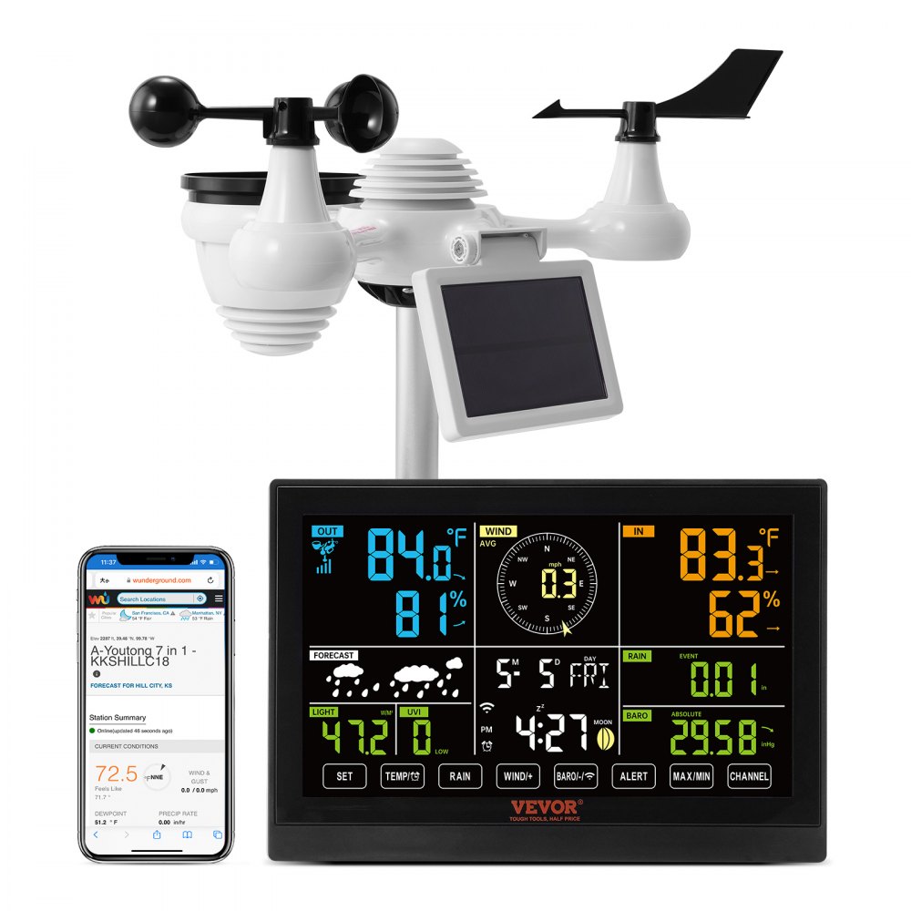 Station météo WiFi professionnelle, centre météo à énergie solaire 7 en 1, écran 190,5 mm (7,5 pouces), portée de transmission de 150 m, capteur extérieur pour la vitesse du vent, la direction du vent, la température, l'humidité et les précipitations Station météo WiFi professionnelle, centre météo à énergie solaire 7 en 1, écran 190,5 mm (7,5 pouces), portée de transmission de 150 m, capteur extérieur pour la vitesse du vent, la direction du vent, la température, l'humidité et les précipitations