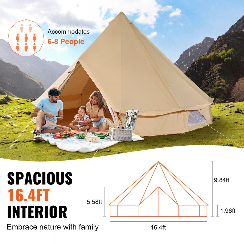 Bell tent 5 x 3 m yurt tent TC cotton with high-strength iron rods and a PVC groundsheet camping tent family tent 8 windows pyramid tent group tent for outdoor adventures