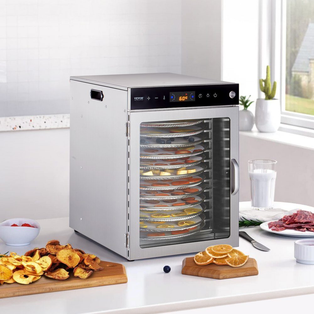 Dehydrator Dehydrator 12 roestvrijstalen kommen, 800 W elektrische voedseldroger met instelbare temperatuur, vriesdroger voor gedroogd vlees, vlees, fruit, groenten, kruiden, hondensnoepjes