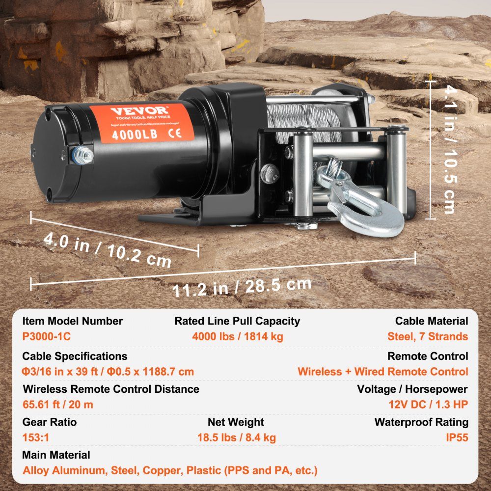 Electric Winch, 4000lb Pulley Capacity, 12V DC ATV/UTV Winch with Φ3/16" x 39ft 7-Strand Steel Cable Pulley Guide, Wireless and Wired Remote Control, IP55 Waterproof for UTV ATV Towing