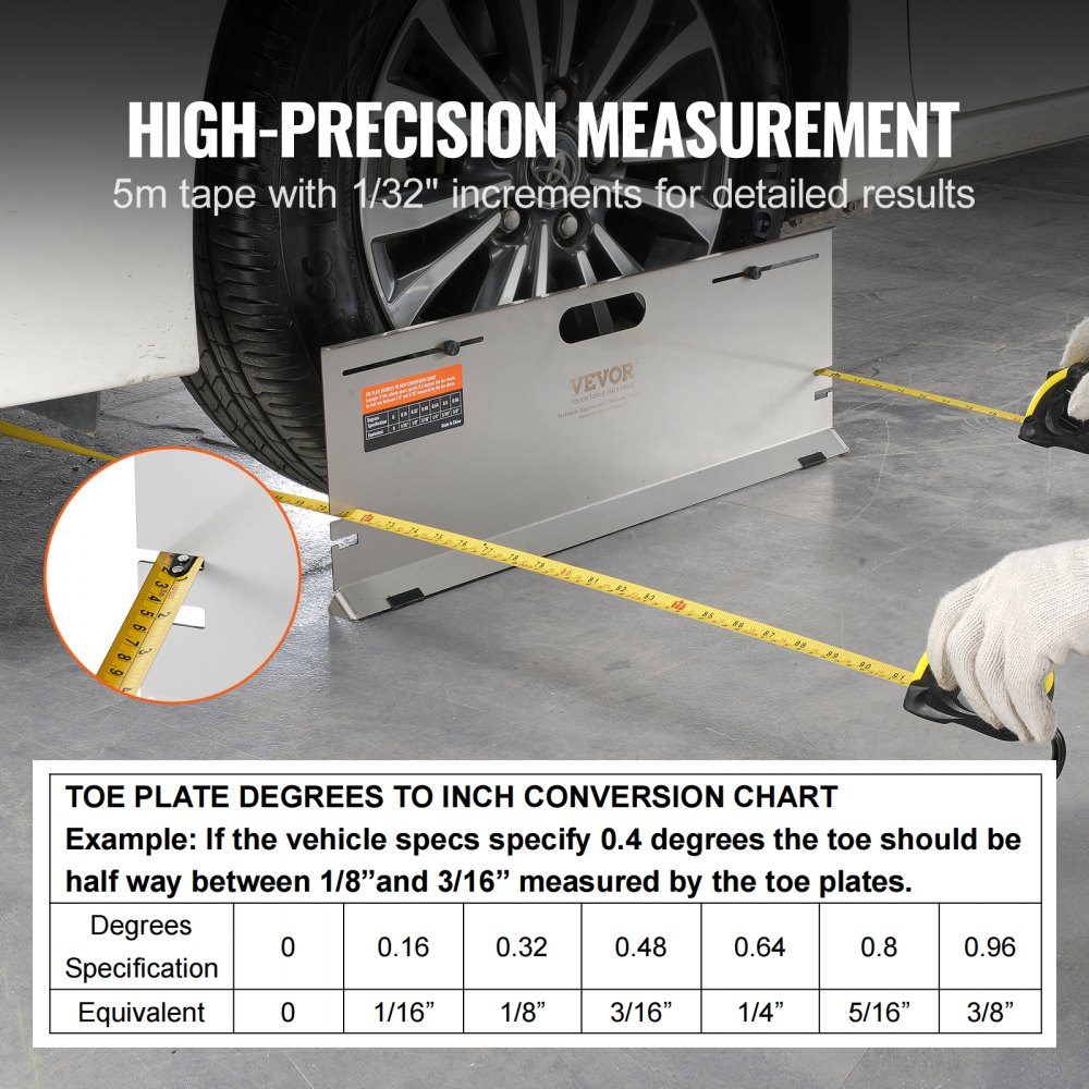 Wheel alignment device, pack of 2 wheel alignment plates, stainless steel toe angle measuring plate, 4 alignment rods and magnetic slots, including tape measures and conversion table