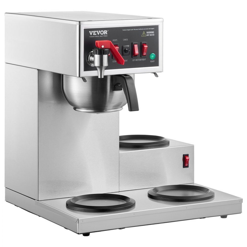 Kommerzielle Filterkaffeemaschine für 12 Tassen, Kaffeemaschine mit 3 Glaskaraffen & 3 Warmhalteplatten, Übergießkaffeemaschine aus Edelstahl für Restaurant, Büro, Café