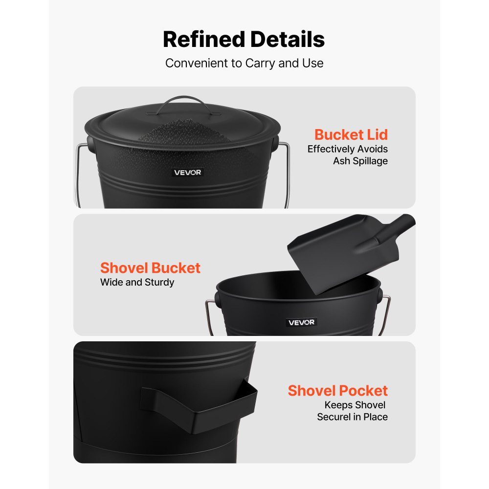 Ash bucket with lid, 4 parts. Set with coal bucket, shovel, broom and gloves, fireplace coal bucket and metal ash container, 9.8 liter capacity for fireplaces, fire pits, wood stoves
