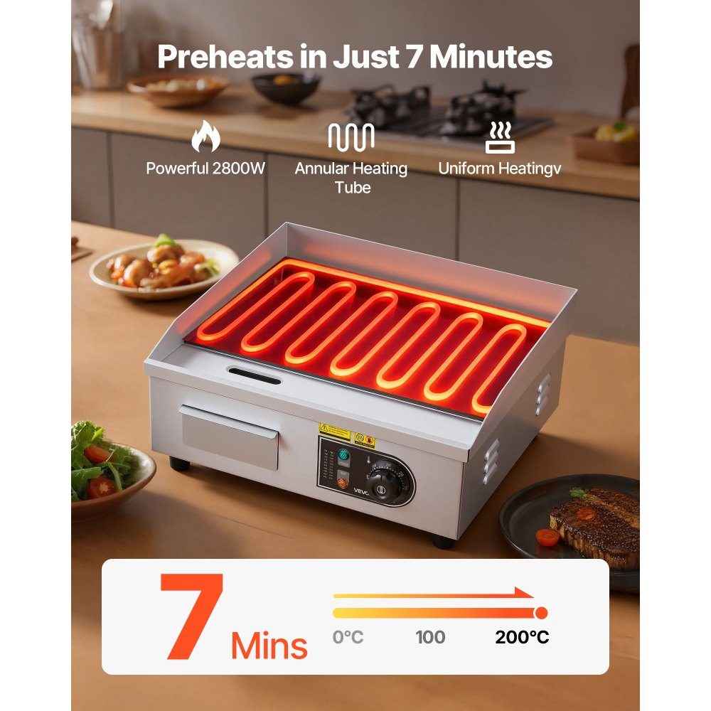 Commerciële grillplaat elektrisch 45 x 30 cm, bakplaat elektrische grill 2800 W, tafelgrillplaat 50-300 °C met 2 spatels, 2 borstels en 4 voetzolen, bakplaat voor steaks, pannenkoeken