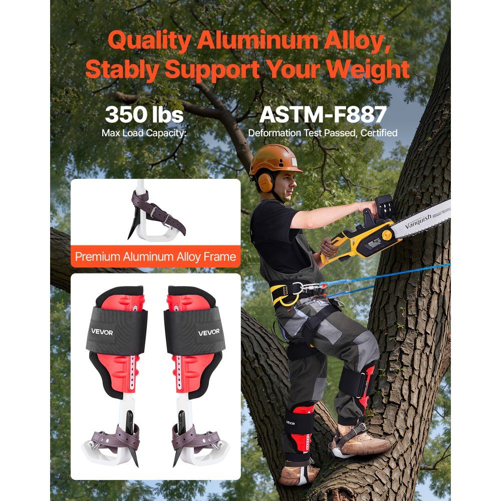Boomklimspiesen, in hoogte verstelbare boomklimtoestellen met riemen en spijkerbescherming, draagvermogen 159 kg, robuuste aluminium klimsporen, boomverzorgingstoestel voor fruitpluk en jacht, rood