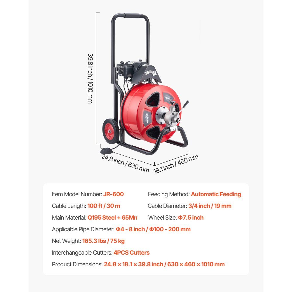 Rohrreinigungsmaschine mit automatischem Vorschub, 30m x 19mm Rohrreinigungsspirale mit Rollen, elektrischer Rohrreiniger für 100-200mm Rohre, Rohrreinigungsgerät für Abflüsse, Toiletten, Waschbecken