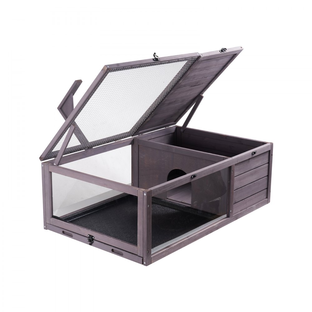 Habitat pour tortues, maison en bois pour tortues pour intérieur et extérieur, enclos pour tortues avec support de lumière suspendu, enclos pour reptiles 2 pièces, cage pour petits animaux pour geckos, lézards, serpents, 96,5 x 61 x 33 cm