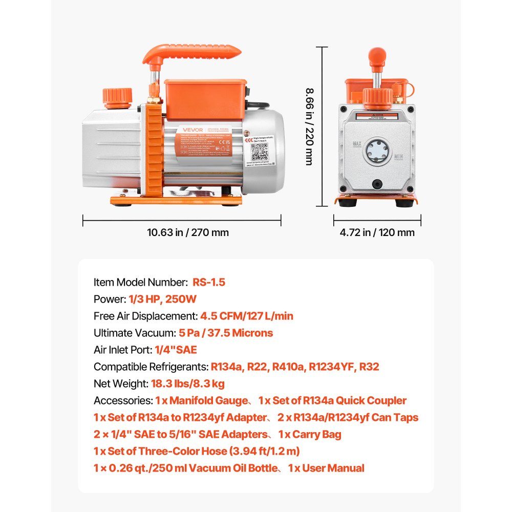 Vacuümpomp met manometer 4,5 CFM 127 l/min 250 W 1-traps draaischuifvacuümpomp manometerset voor R134a, R22, R410a, R1234YF en R32 met draagtas voor auto-airconditioner