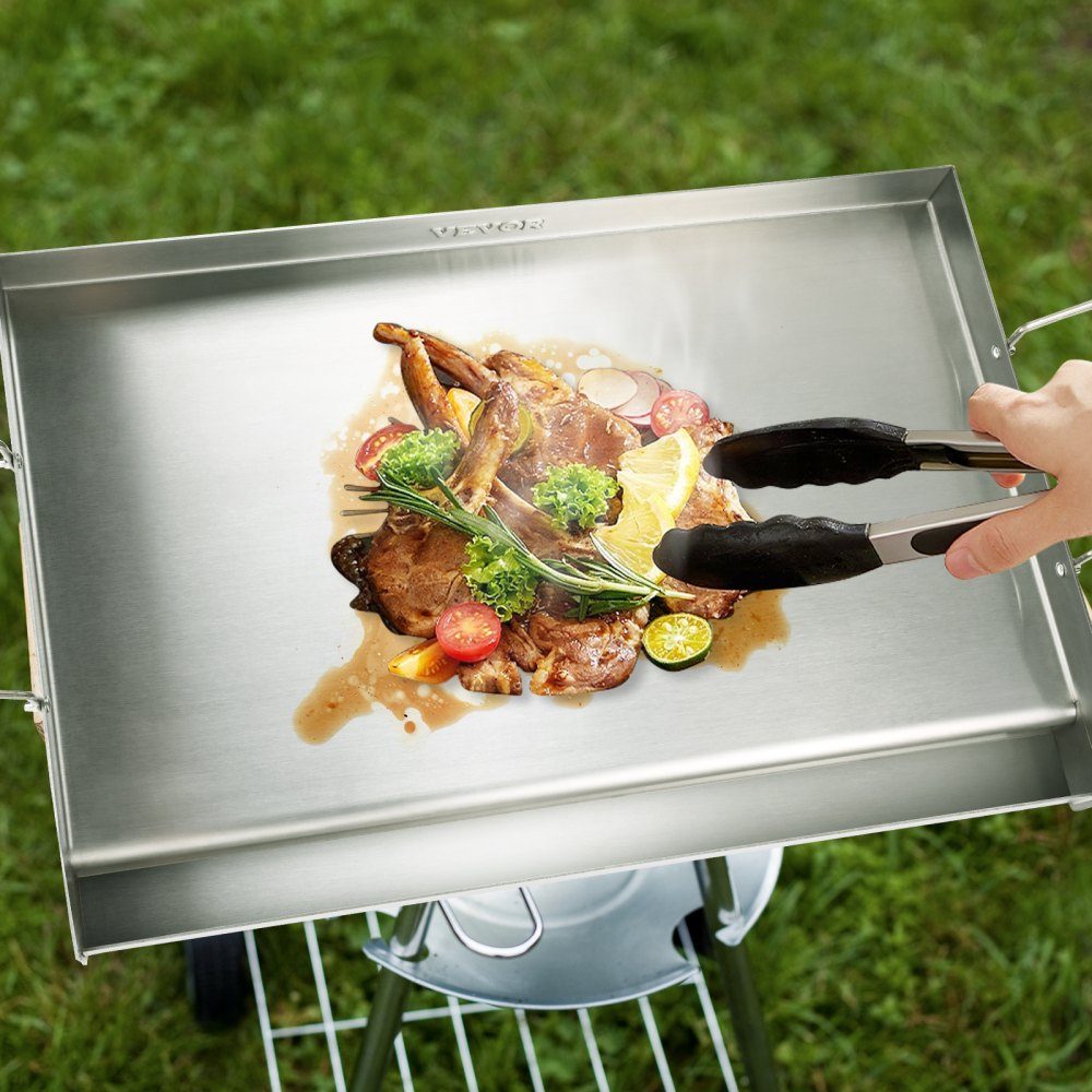Plaque de gril 430 en acier inoxydable 58,7 x 39,5 x 9,9 cm - Plaque de gril universelle de 2 mm d'épaisseur utilisable, plaque de gril de fête pour barbecue en plein air avec poignée gril à gaz pour gril à gaz, gril à charbon et accessoires de gril élect