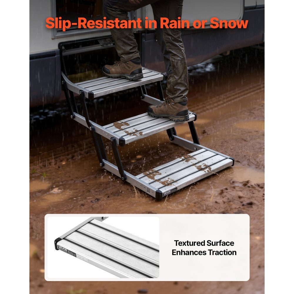 Retractable RV Stairs (3 Steps), RV Steps with 400lb Load Capacity, Aluminum Alloy Telescopic Folding Entry Stairs, Non-Slip Steel Frame for Caravan