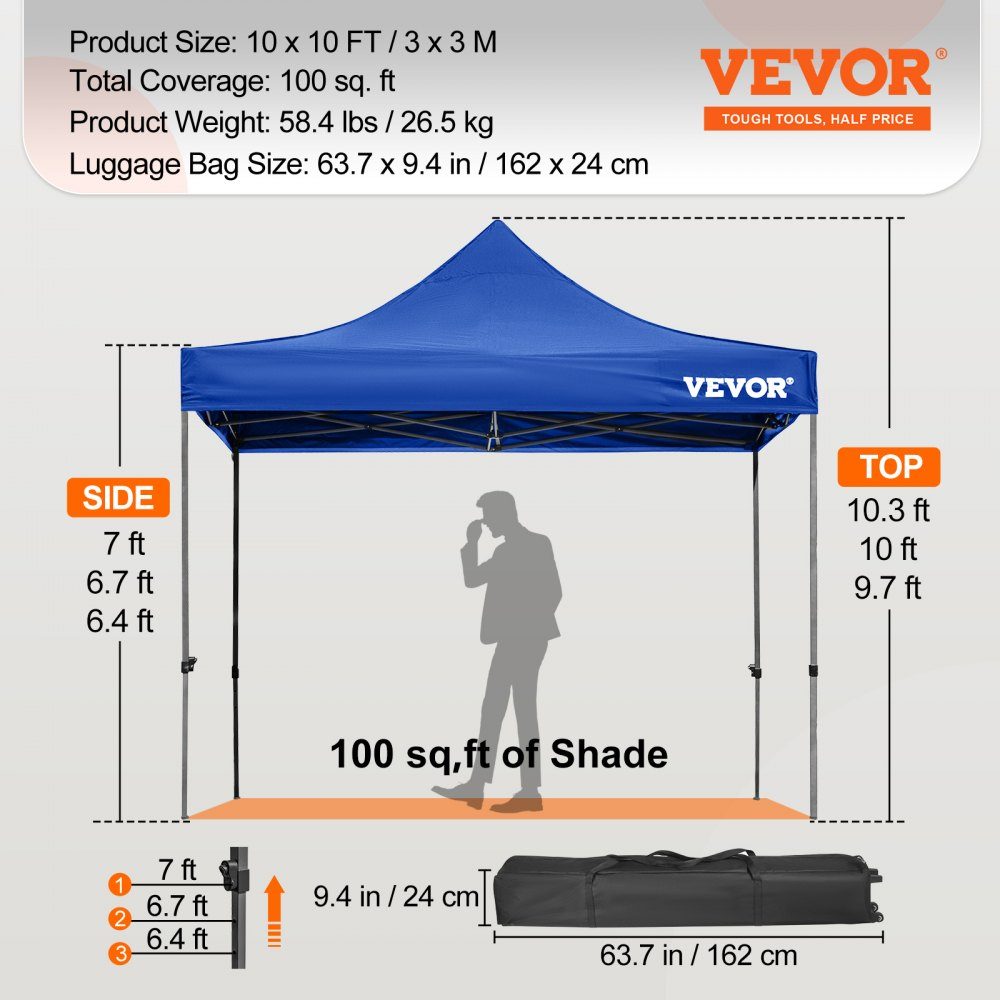 Składana altana 3x3 m Składana altana 240 g Powlekany PCV Poliester Pop Up 1,95-2,13 m Regulowany namiot imprezowy Namiot plażowy niebieski na wesela lub inne zajęcia komercyjne