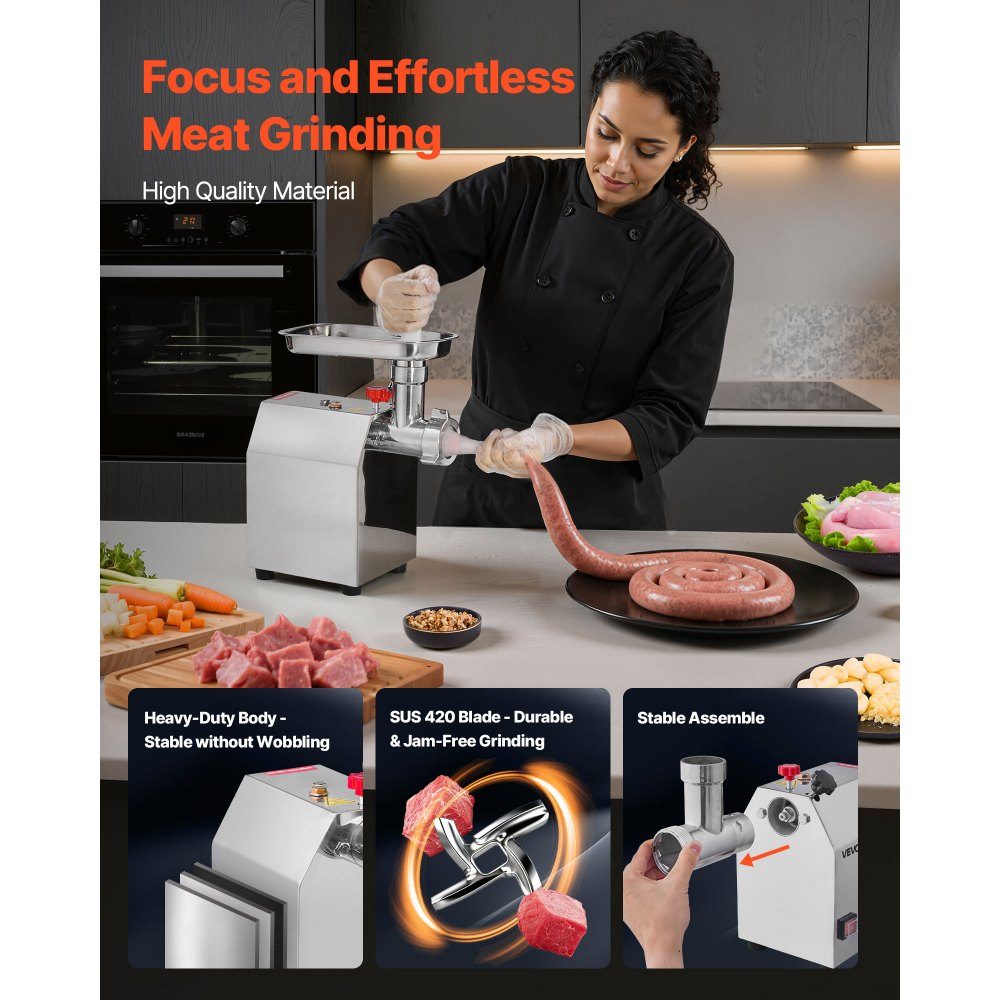 2.3kg/min Capacity Electric Meat Grinder, 600W Industrial Tabletop Meat Grinder with Blade and Grinding Plate, Sausage Machine, Stainless Steel Commercial Meat Grinder for Kitchen Restaurant
