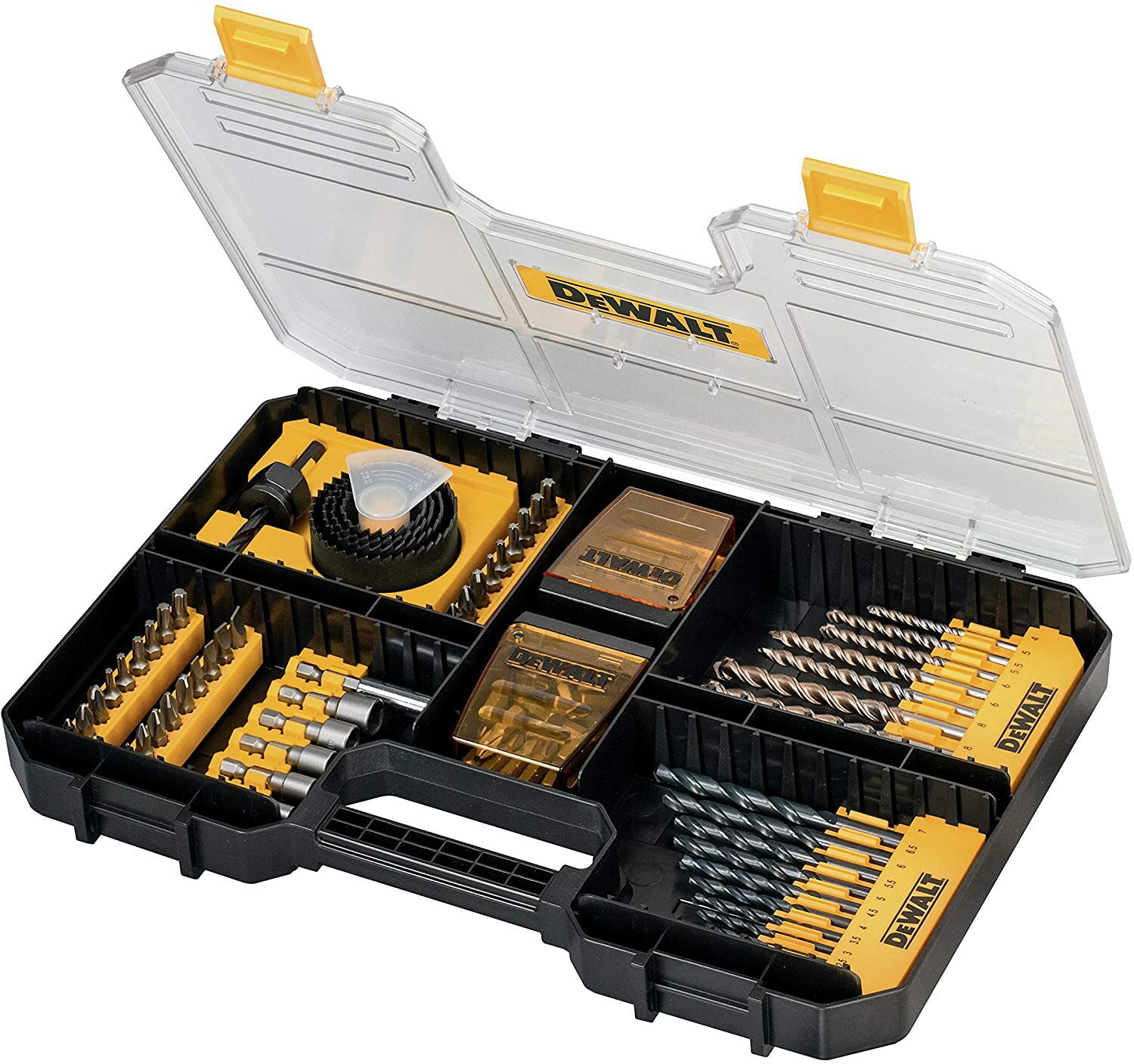 DeWalt Universal-Set/MaxiSet (100-teilig, mit HSS-Metallbohrer, Betonbohrer, Lochsägen, Bits 25 mm, Torx, Phillips, Schlitz, Steckschlüssel und Bithalter, TSTAK kompatibel)