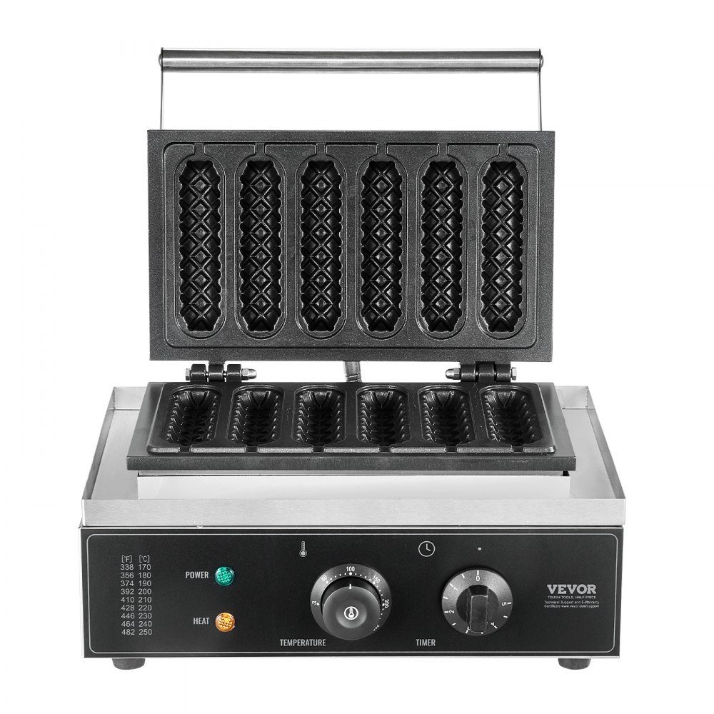 Commercial Waffle Iron Waffle Maker 6pcs 1500W Non-Stick Stainless Steel Corn Hot Dog Waffle Maker with Temperature and Time Control for Restaurant Bakery Snack Bar Family