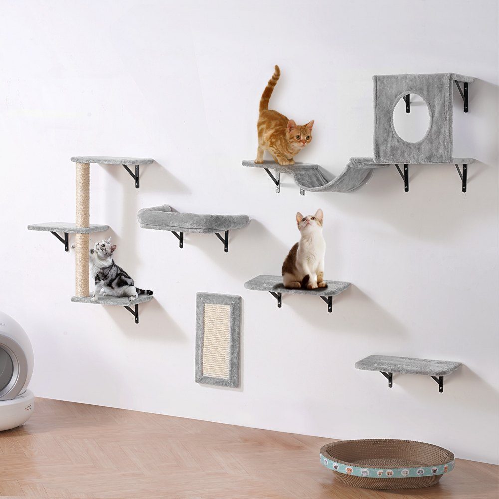 Wandmontierte Katzenregale, Katzenwandregale und Sitzstangen mit Sprungbrettern, Hängematte, Sofa, Kratzbaum und Katzengriff, Katzenmöbel und Regale bis 18 kg zum Schlafen, Spielen, Klettern, 6er-Set