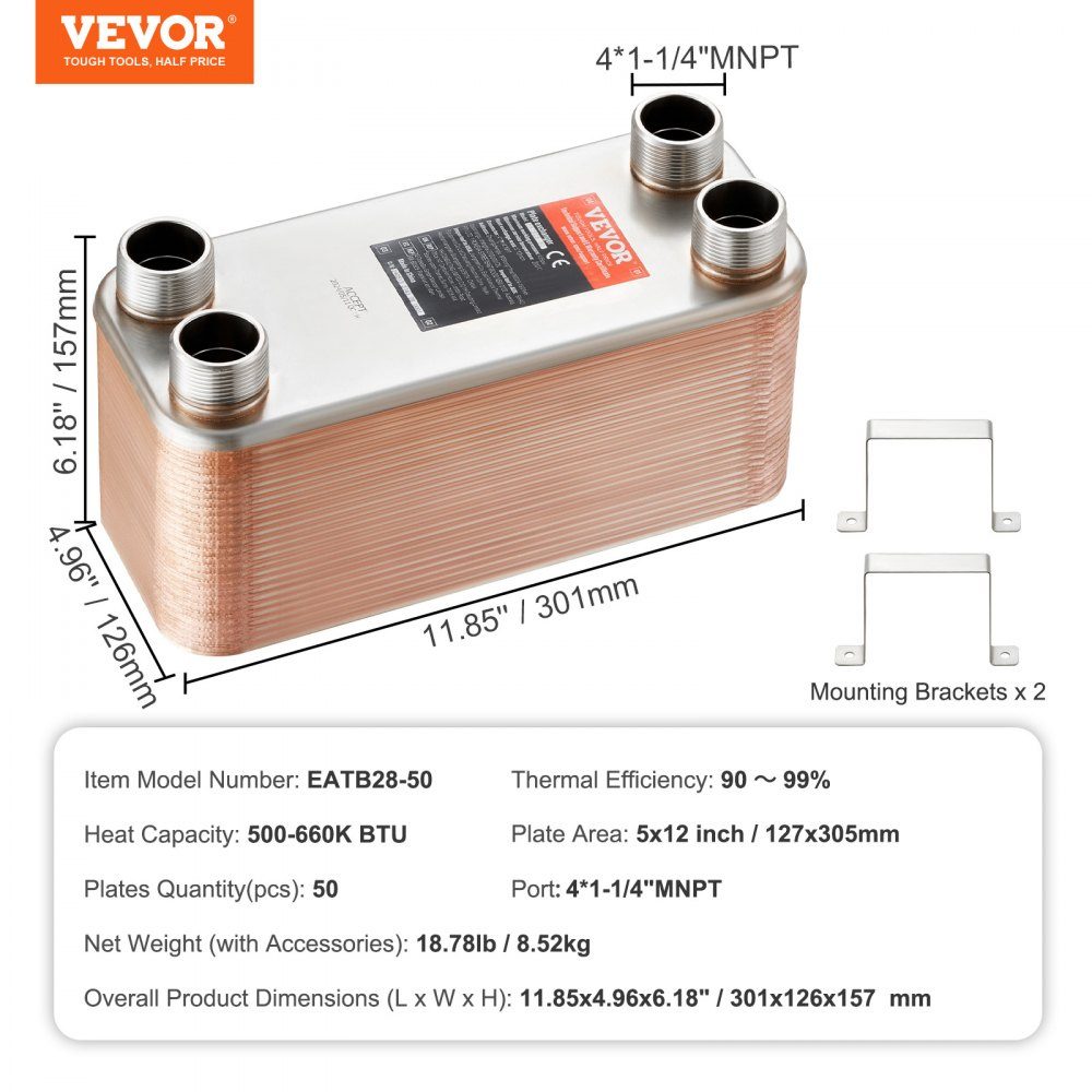 Échangeur de chaleur à plaques 50 Raccords MNPT 4x1-1/4 pouces en acier inoxydable 316L