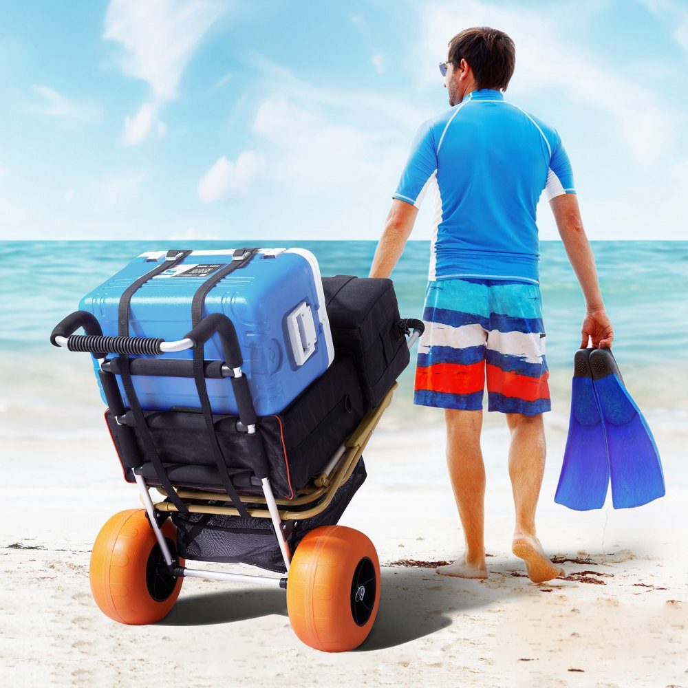 Strandwagen handkar zandkar, strandwagen 74,84 kg laadvermogen, opvouwbare zandkar van aluminium 685-1135 mm in hoogte verstelbaar, wagen voor op het strand 76 x 39 cm laadruimte