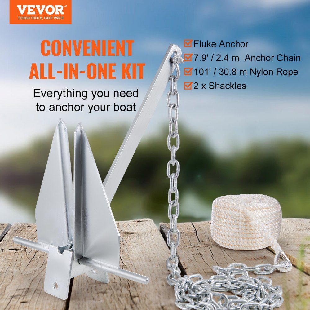 Fluke anchor set. Fluke Hot Dip Galvanized Steel Anchor with 8ft Chain, 100ft Rope and zwei 11-mm- Shackles, Boat Anchor for Small Vessels under 30ft, Seas, Rivers and Coasts, 15lb