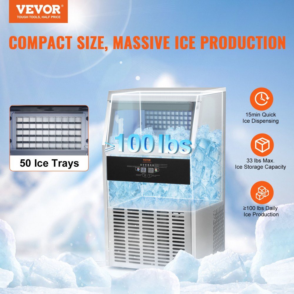 Commercial ice cube maker ice machine 47 kg / 24 h, lightweight cube ice machine 15 kg ice storage capacity 50 ice cubes, ice cube maker made of stainless steel including water filter & ice cream scoop
