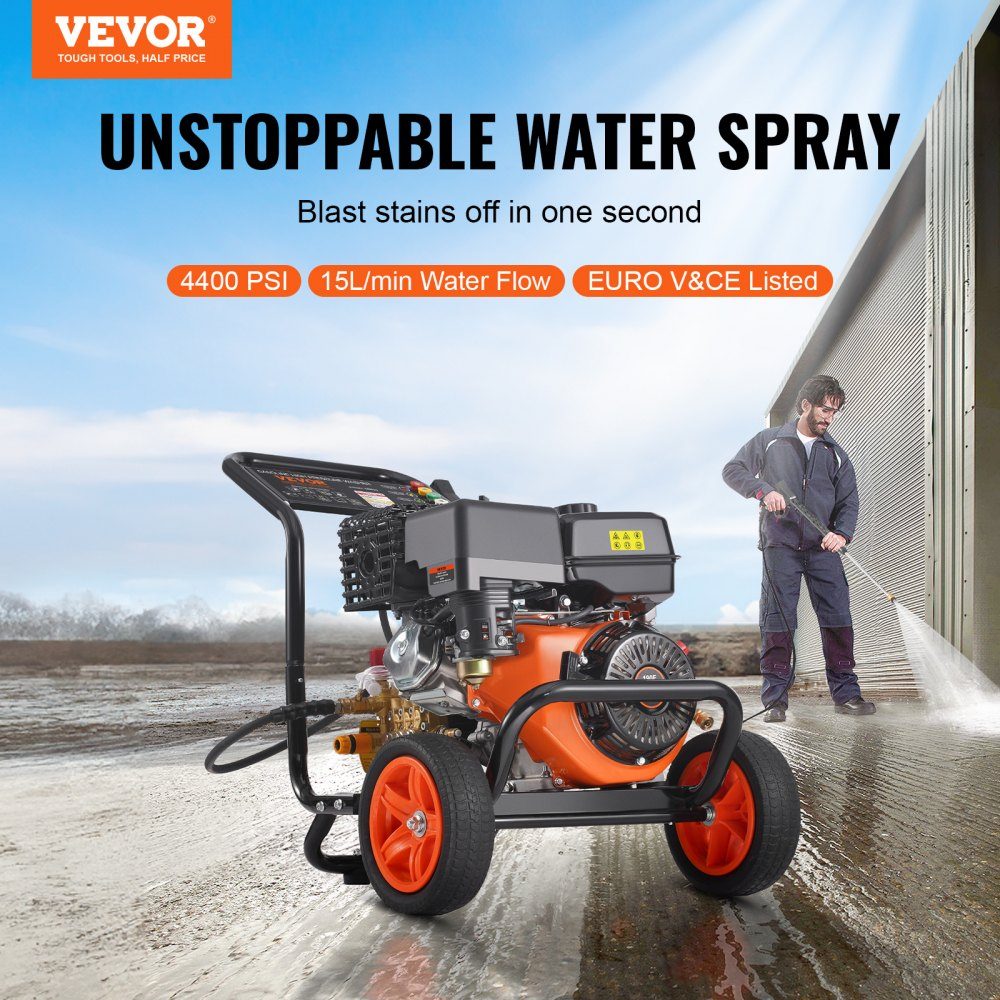 Benzin-Hochdruckreiniger, 4400 PSI, 15 l/min, Terrassenreiniger mit Kupferpumpe, Druckpistole und Verlängerungsstab, 5-Düsen-Set für Autos, Zäune, Häuser, Einfahrten, Terrassen, Möbel