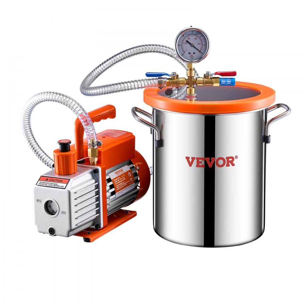 Vacuümkamer van 11,36 liter en pomp van 3,5 CFM, roestvrijstalen kamer, eentraps vacuümpomp-ontgassingkamerset, met acryldeksel, olie, 1,5 m slang, vacuümpompset voor het ontgassen van hars Siliconen epoxyharsen