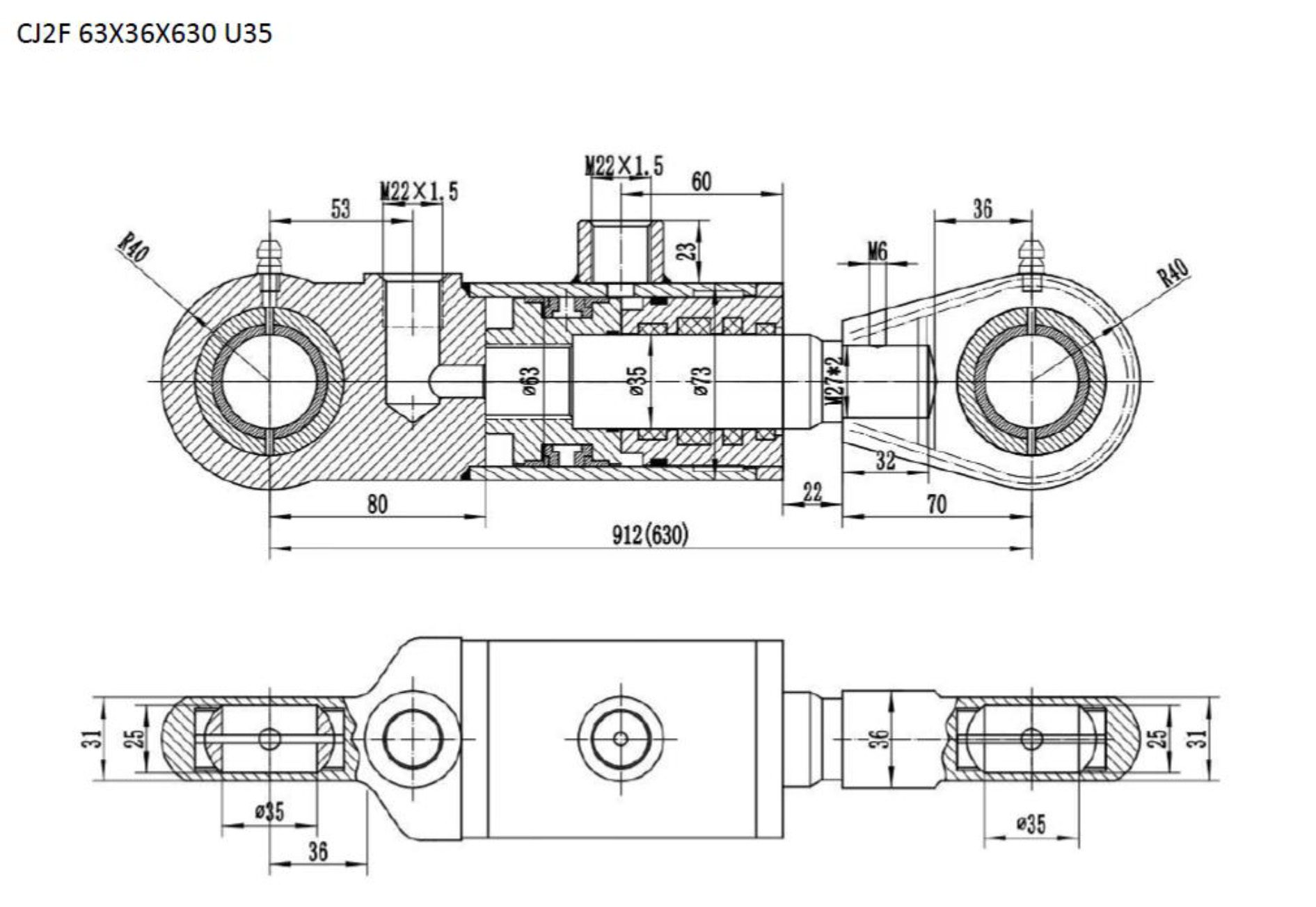 Vérin hydraulique 600mm pour pelle ronde