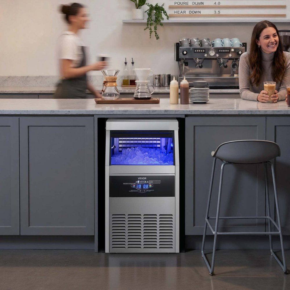 Machine à glaçons commerciale, machine à glaçons 59 kg/jour avec bac de stockage de glace de 14 kg, machine à glaçons autoportante en acier inoxydable avec affichage LED, autonettoyante, idéale pour la maison, bar, restaurant, café