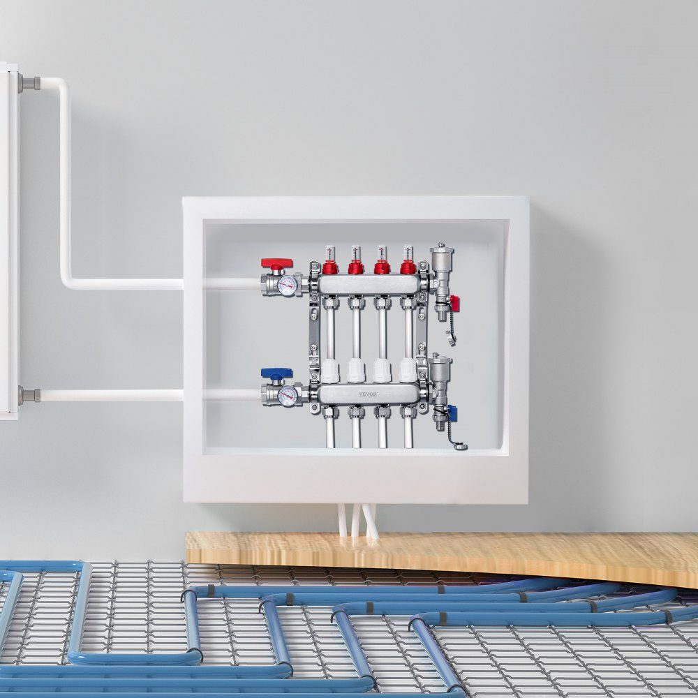 4 Branch Heat Spreader, 1/2" PEX Pipe Manifold, Stainless Steel PEX Manifold for Hydronic Underfloor Heating, Heat Distribution PEX Manifold Kit with 1/2" Adapters Included
