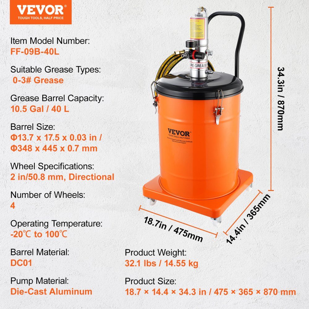 Vetpomp 40L luchtaangedreven vetpomp 0,6-0,8 MPa gegoten aluminium pomp -20-100 ° C Bedrijfstemperatuur Pneumatische vetpomp NPT-poort vetpomp Geschikt voor 0-3 # vet