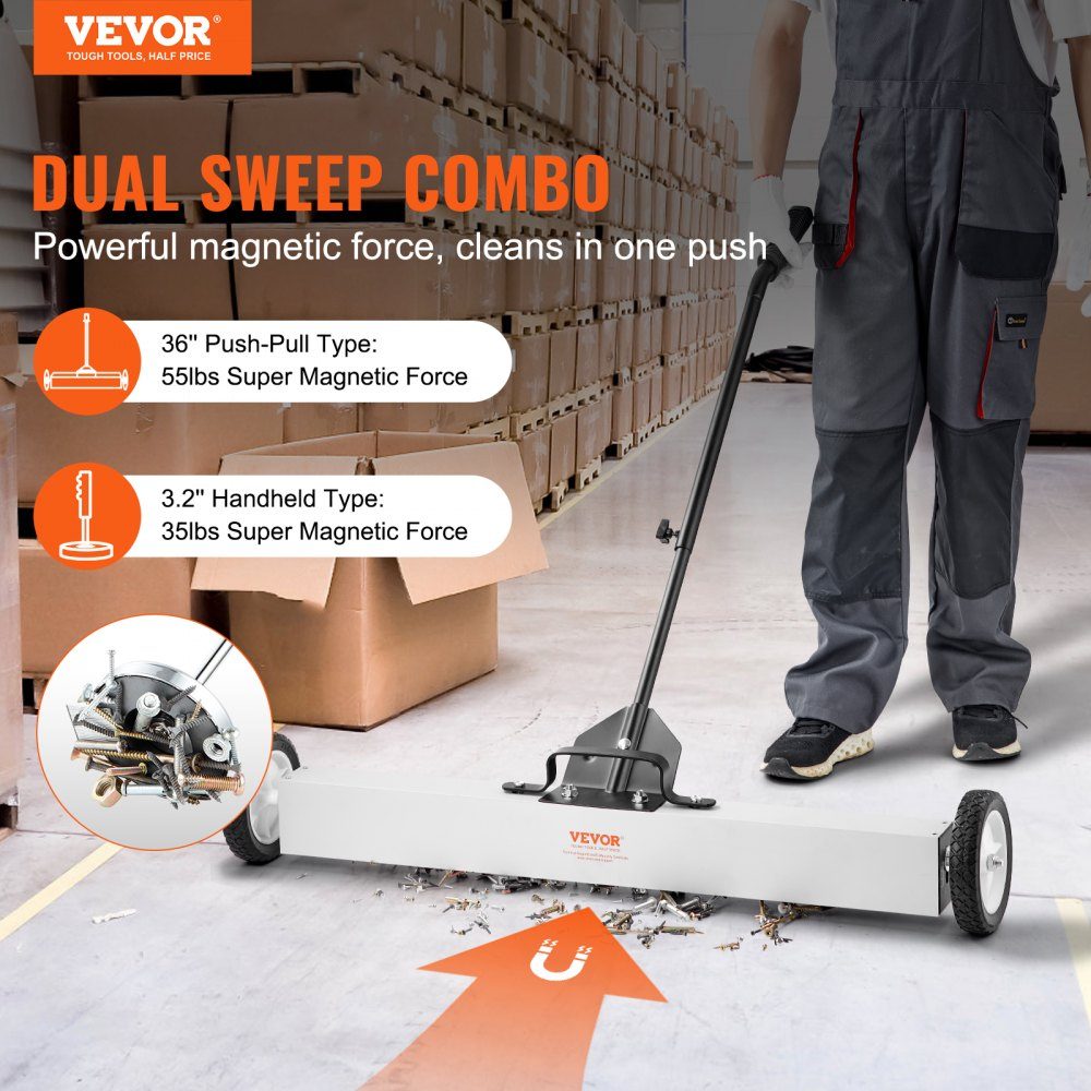 36 Inch Wheeled Magnetic Sweeper, 55 Pound Capacity, with Extendable Magnetic Pickup Tool, Adjustable Handle, Magnetic Pickup Sweeper for Picking Up Nails and Screws, for Workshop, Garage, Yard