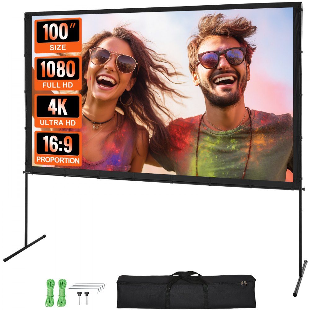 Projection Projector Screen with Stand, 100" HD 4K Outdoor Indoor Projector Screen, Quick Fold Portable Movie Screen 16:9 for Home Theater, Camping and Casual Events, Black