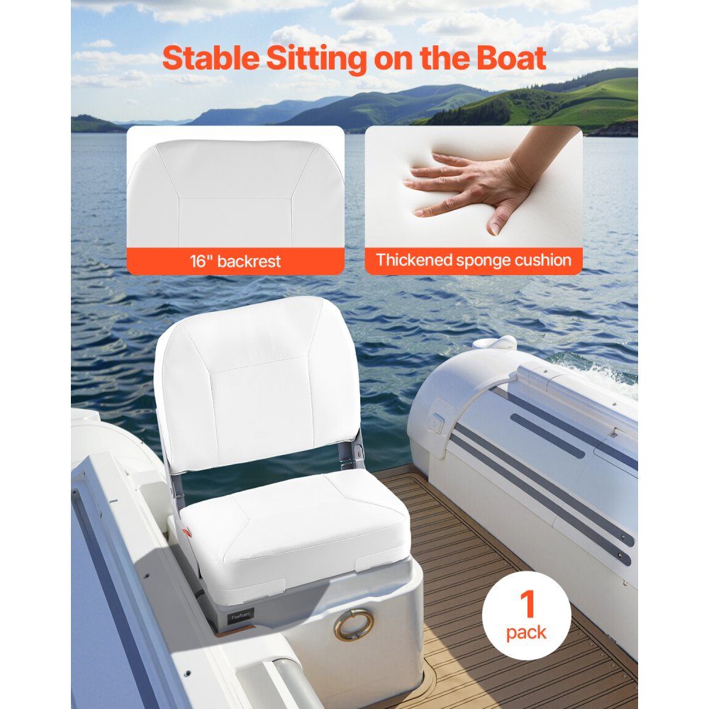 1 Piece Boat Seat Low Back Folding Fishing Boat Seat with Thick Sponge Cushion and Waterproof Hinges Made of PVC Leather and Aluminum Alloy for Yachts Boats White