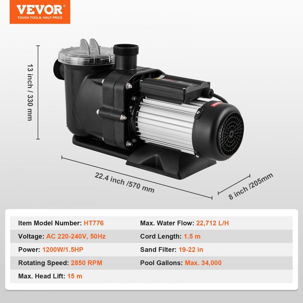 Swimming Pool Pump 1.5HP 100GPM Max Flow Single Speed ​​Pool Pump 220V 2850RPM 50ft Maximum Head Filter Pump with Filter Basket for Above Ground Pools Hot Tubs Spas
