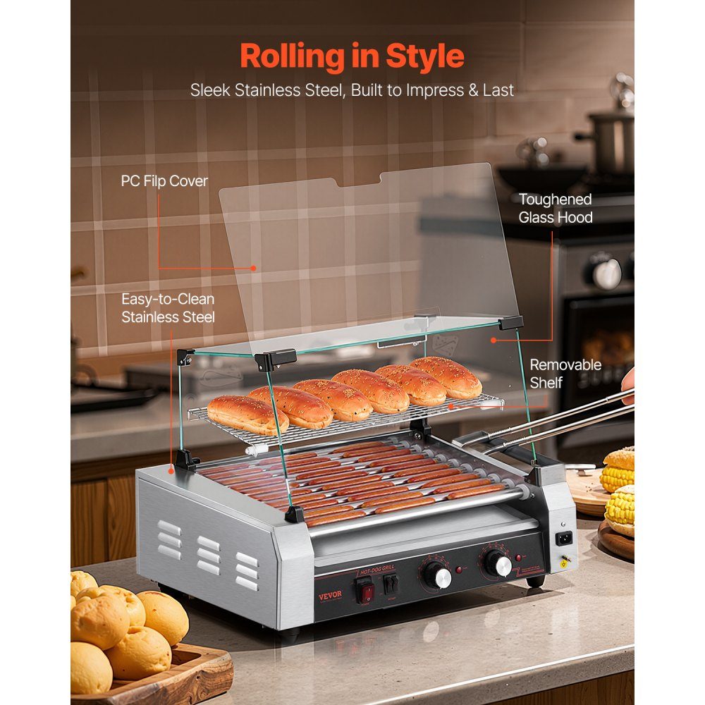 Hot Dog Grill Machine Hot Dogs 11 Rolls Stainless Steel 2200W Electric Grill with Cover & 2 Temperature Controls & Side Storage Box & Removable Shelf & Oil Drip Tray