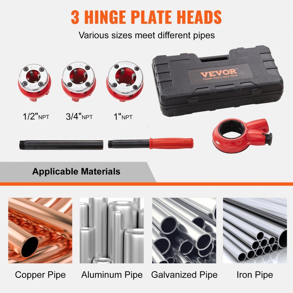 Gewindeschneider-Set, 1/2" NPT, 3/4" NPT, 1" NPT, Gewindeschneider, Rohrschneider-Set mit 3 NPT-Matrizen, Aufbewahrungskoffer für verzinkte Aluminium-, Eisen- und Kupferrohre