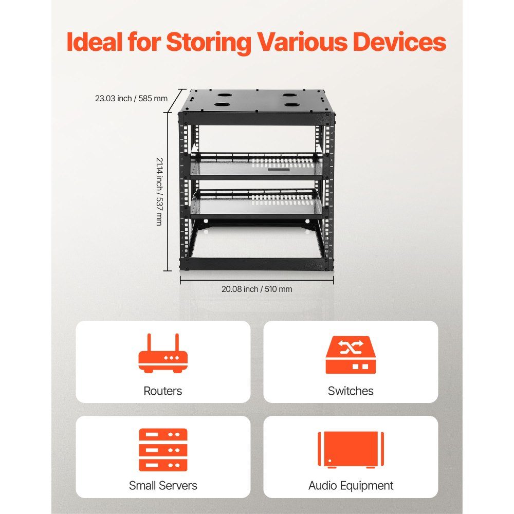 10U open frame network rack, 585mm depth, wall mount or floor standing server rack, 4 post construction, with ventilated shelves and mounting hardware, for all network IT equipment and AV equipment