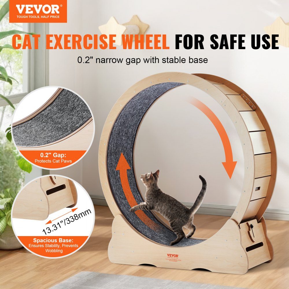 Vélo d'appartement pour chat Tapis de course pour chat de 1 100 mm avec tapis de course amovible Teaser pour la course à pied et l'entraînement à la marche Convient à la plupart des chats jusqu'à 25 livres Vélo d'appartement pour chat Couleur bois