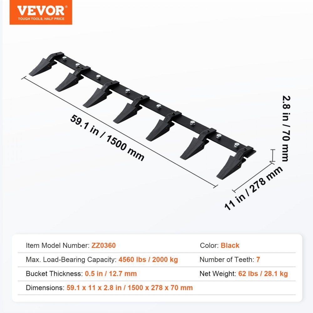 Bucket Rack 60" Heavy Duty Tractor Bucket 7 Tooth Rail for Loader Tractor Skid Steer Loader 5000lb Load Bolt-On Design for Efficient Excavation Work and Bucket Protection
