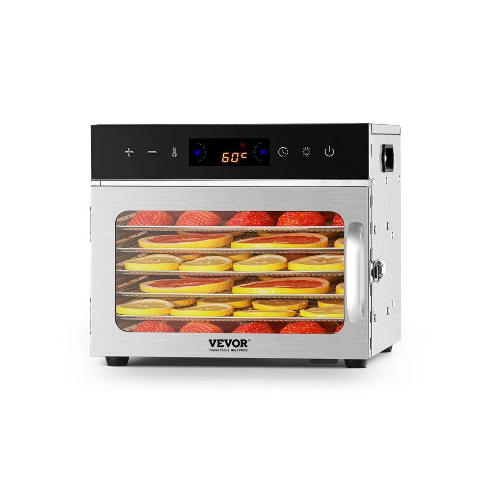 Dehydrator Dehydrator 6 roestvrijstalen kommen, 400 W elektrische voedseldroger met instelbare temperatuur, vriesdroger voor gedroogd vlees, vlees, fruit, groenten, kruiden, hondenkoekjes