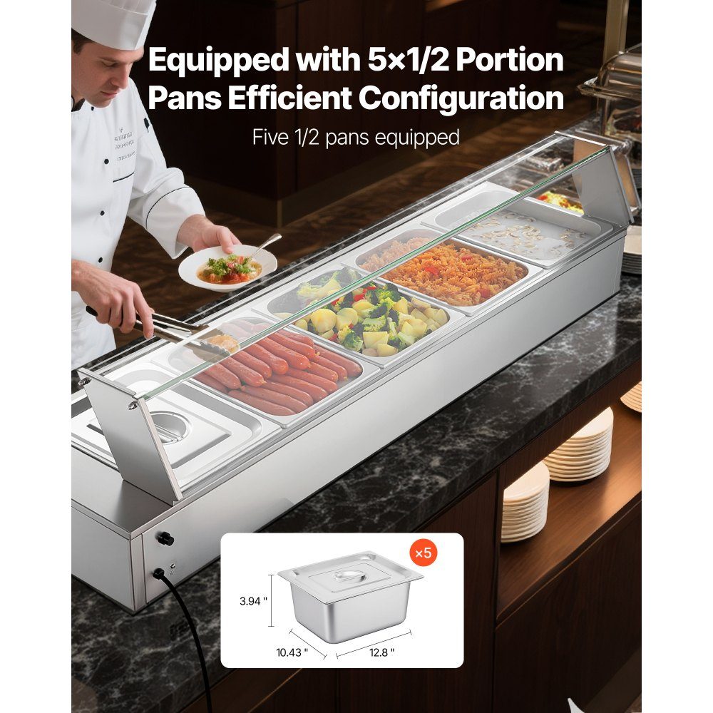 Chauffe-plats professionnel avec couvercle en verre et 5 récipients (taille 1/2) 1,5 kW Réchauffeur de buffet en acier inoxydable, récipient de buffet, bain-marie, station de réchauffement des aliments pour restaurants, fêtes, buffets
