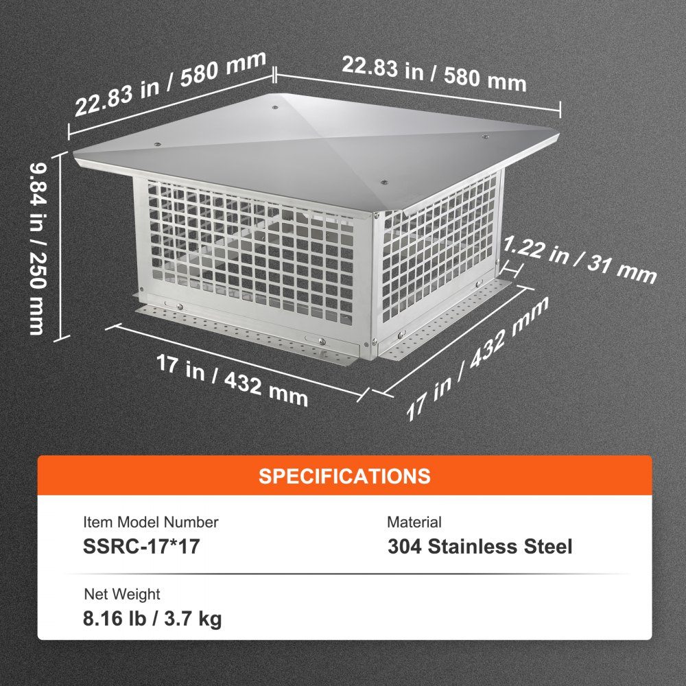Couvercle de cheminée en acier inoxydable 304, 582x582x245mm, couvercle de cheminée, protection contre les oiseaux, hotte de cheminée, 2 méthodes d'installation, la cheminée est compatible avec différents types de cheminée