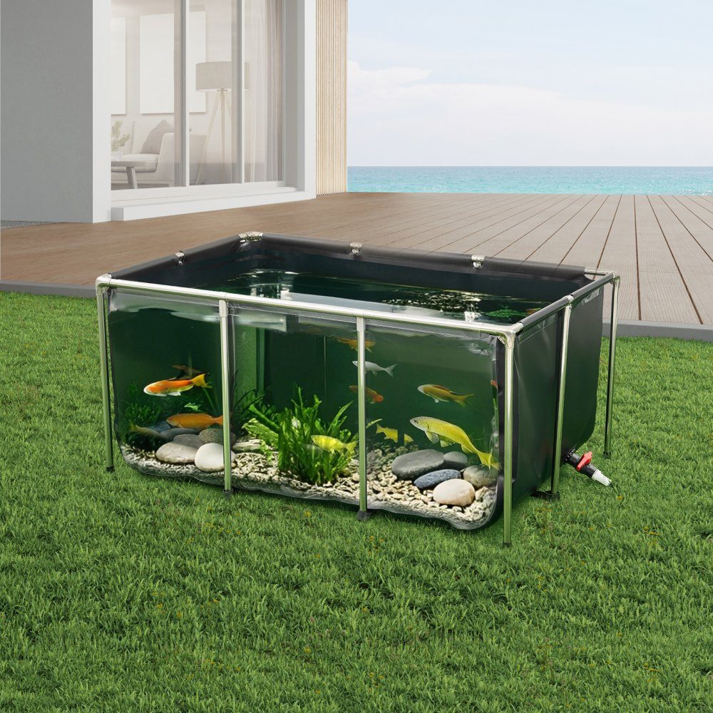 Canvas Fish Pond 1023.3L Breeding Water Tank PVC Koi Tank with Transparent Viewing Window Aquarium with Stainless Steel Frame and Drain Valve for Koi Goldfish Breeding (Black)