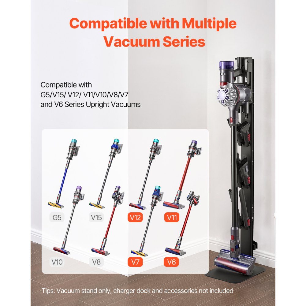 Stofzuigerstandaard 32 x 26 x 126 cm, compatibel met steelstofzuigers en accessoires uit de Dyson G5 V15 V12 V11 V10 V8 V7 V6-serie, vloerstandaard, houder met 6 haken en antislipvoetkussens, zwart