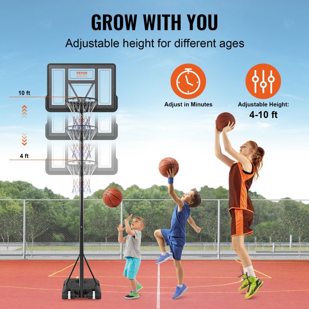 Panier de basket-ball d'extérieur, support de basket-ball réglable en hauteur de 122 à 305 cm, système de basket-ball noir résistant aux intempéries et à la rouille, support de panier de basket avec mobile à eau ou à sable